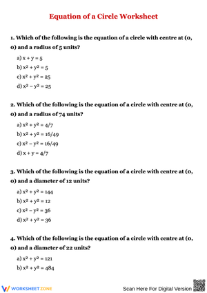 Equation of a Circle Multiple-Choice Worksheet