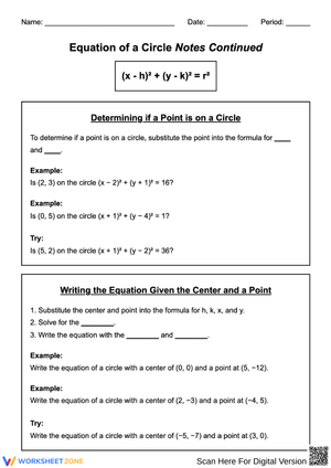 Equation of a Circle Notes & Practice Worksheet