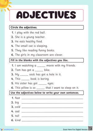 Adjectives Practice Worksheet – Circle, Fill In, and Write Sentences