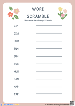 Floral CVC Word Scramble Literacy Worksheet