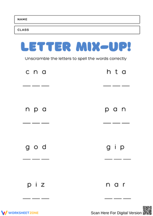 Letter Mix-Up CVC Word Unscramble Worksheet