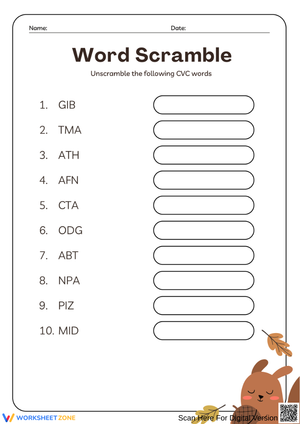 CVC Word Scramble Practice Worksheet