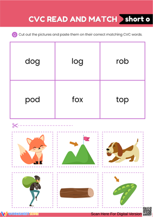 Short "O" Sound CVC Read and Match Worksheet