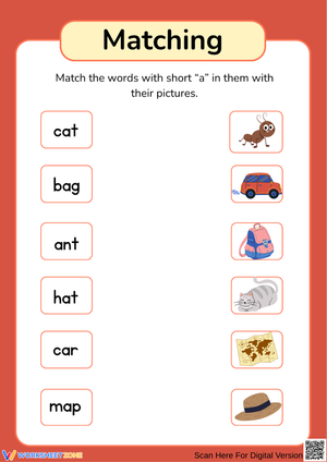 Short “A” Sound Word Matching Worksheet for Kids