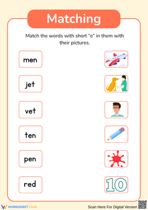 Short “E” Sound Matching Worksheet for Early Learners