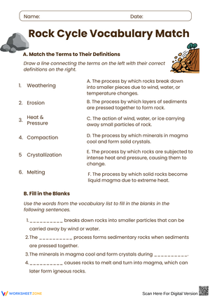 Rock Cycle Vocabulary Match – Definitions and Fill-in-the-Blanks
