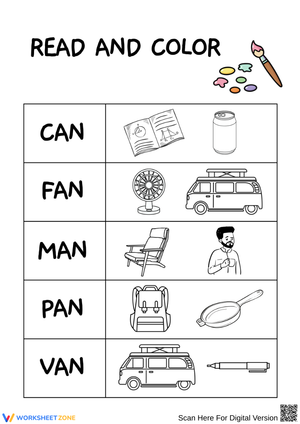 Read and Color -an Word Family Worksheet
