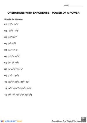 Operations with Exponents – Power of a Power Worksheet