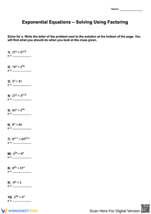 Exponential Equations – Solving Using Factoring Worksheet