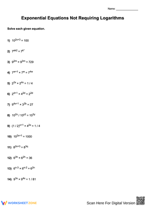 Exponential Equations Without Logarithms Worksheet