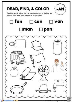 -an Word Family: Read, Find & Color Worksheet