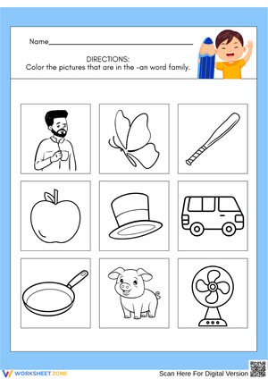 -an Word Family Picture Coloring Worksheet