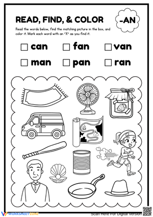 -an Word Family Read, Find & Color Worksheet