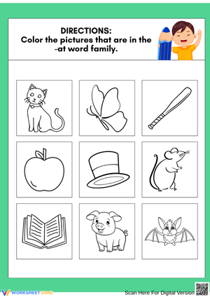 -at Word Family Picture Coloring Worksheet