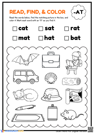 Read, Find & Color: -AT Word Family Worksheet