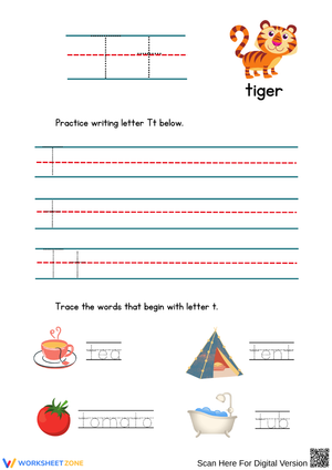 Letter Tt Writing Practice and Beginning Sound Tracing Worksheet