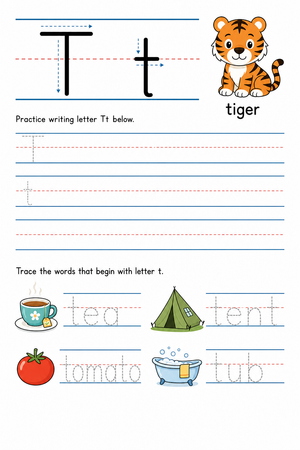 Letter Tt Writing Practice and Beginning Sound Tracing Worksheet