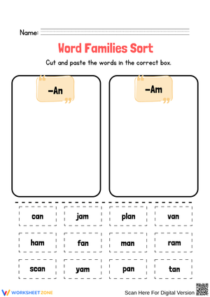 An and Am Word Family Sorting Worksheet