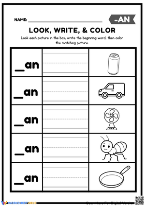 Look, Write & Color: -AN Word Family Worksheet