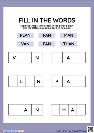 Fill in the Words: -AN Word Family Boxes Worksheet