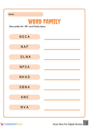 -AN Word Family Unscramble Worksheet