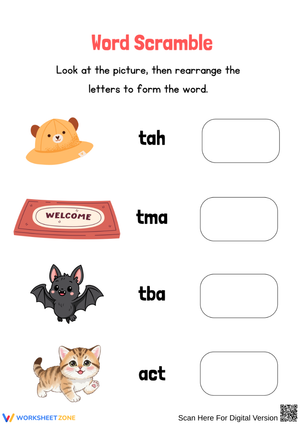 Simple CVC Word Scramble: Practice The -at Word Family