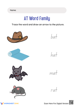 AT Word Family Trace & Match Worksheet