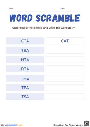 AT Word Family Scramble Worksheet