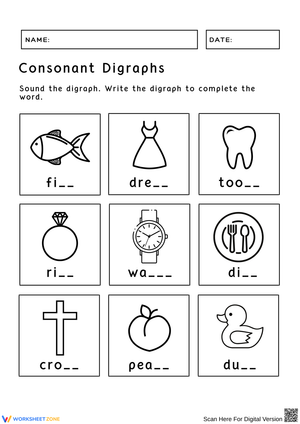 Consonant Digraphs – Picture Word Completion Worksheet
