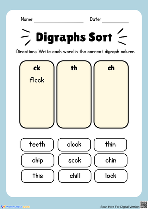 Digraph Sorting Worksheet – ck, th, ch Word Sort