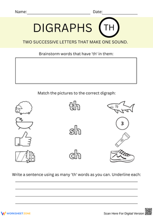 Digraph TH Practice Page – Word Brainstorm & Matching Activity
