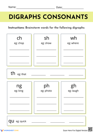 Digraphs: Consonant Brainstorm Worksheet