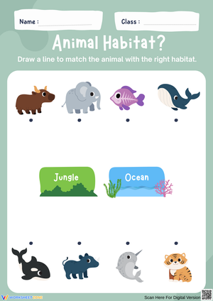Animal Habitat – Jungle or Ocean? Matching Worksheet