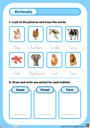 Animals – Trace, Write, and Match to Habitats