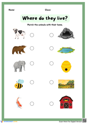 Where Do They Live? Animals and Their Homes Matching Worksheet