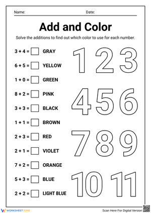 Add and Color – Numbers 1–11