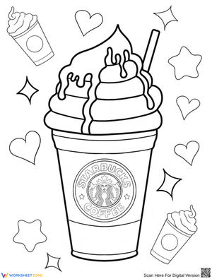 Starbucks Frappe with Hearts Coloring Page