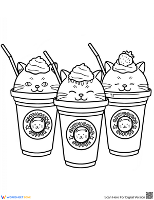 Cute Catpuccino Coffee Cups Coloring Page