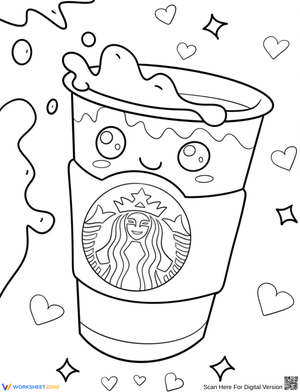 Kawaii Starbucks Cup with Hearts Coloring Page