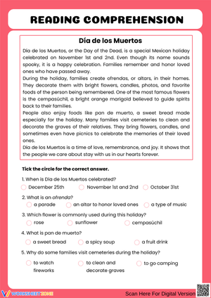 Día de los Muertos Reading Comprehension Worksheet