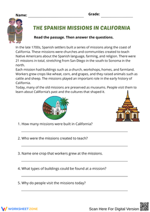 The Spanish Missions in California Reading Comprehension