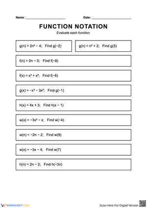 Function Notation Evaluation Worksheet