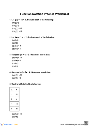 Function Notation Practice Worksheet