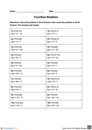 Function Notation Matching Worksheet