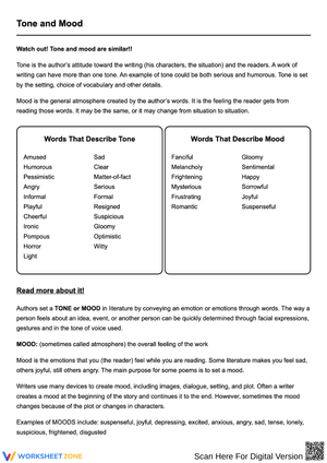 Tone and Mood Reference Worksheet
