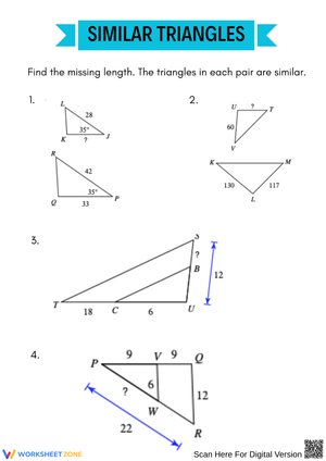 Similar Triangles – Find the Missing Length Worksheet