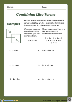 Combining Like Terms Practice Worksheet