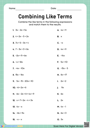 Combining Like Terms – Matching Activity
