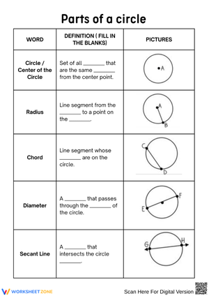Parts of a Circle Vocabulary Worksheet