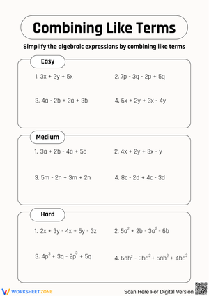 Combining Like Terms – Easy, Medium & Hard Levels